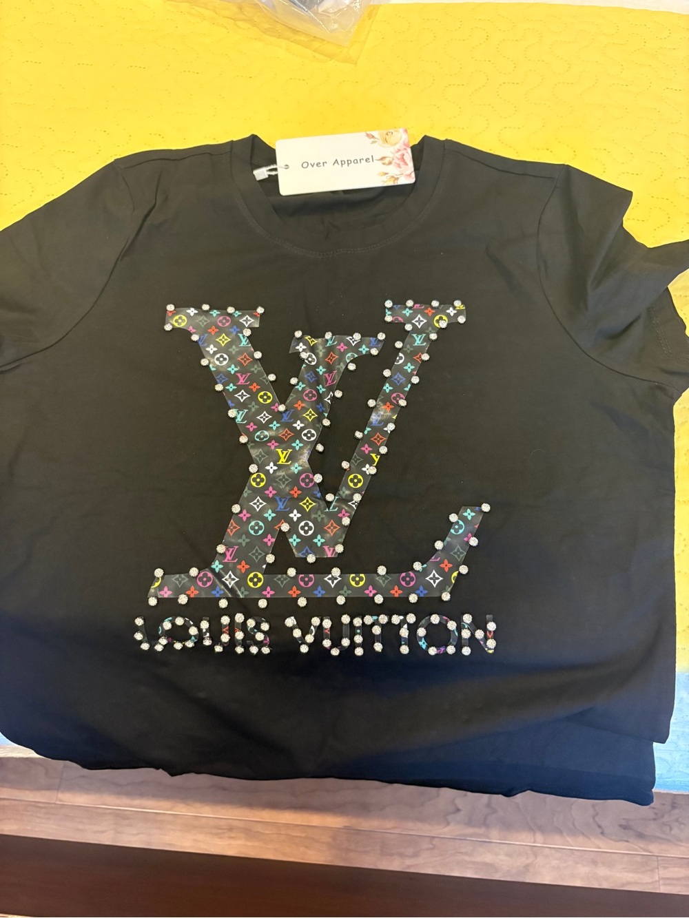 Black Short Sleeve Tee with Colorful Logo Stud Detail
